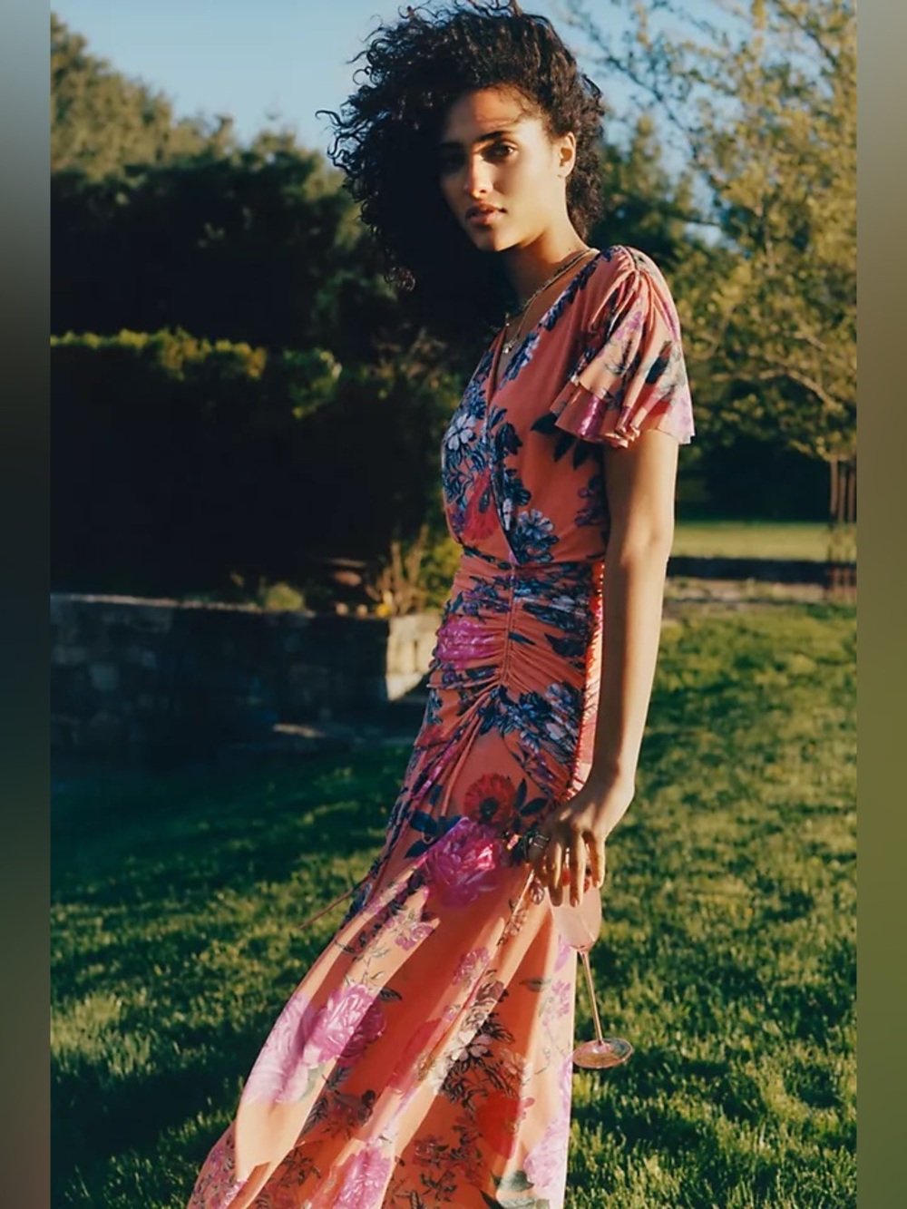 Maeve Simone Floral and Butterfly V-Neck Ruched Dress by Anthropologie